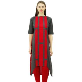 Phagun Hint Pamuk Tasarım Üst Asimetrik Etek Kurti Günlük Giyim Kurta Gri ve Kırmızı Kadın Tunik
