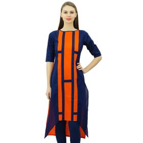 Phagun Hint Pamuk Tasarım Üst Asimetrik Etek Kurti Günlük Giyim Kurta Lacivert ve Turuncu Kadın Tunik