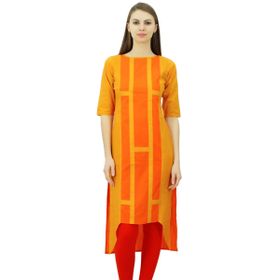 Phagun Hint Pamuk Tasarım Üst Asimetrik Etek Kurti Günlük Giyim Kurta Turuncu Kadın Tunik