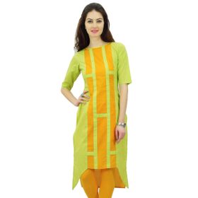 Phagun Hint Pamuk Tasarım Üst Asimetrik Etek Kurti Günlük Giyim Kurta Yeşil ve Turuncu Kadın Tunik