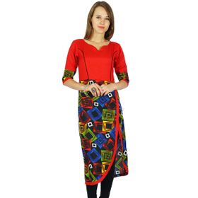 Phagun Hintli Bollywood Kurta Etnik Tasarımcı Kurti Pamuk Kırmızı Siyah Kadın Elbise