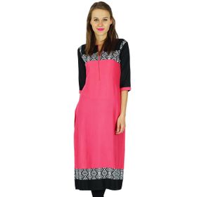 Phagun Hintli Bollywood Kurta Etnik Tasarımcı Kurti Pamuk Pembe Siyah Kadın Elbise