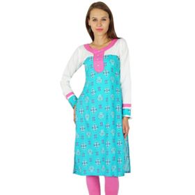 Phagun Hintli Bollywood Kurta Etnik Tasarımcı Kurti Pamuk Su Mavisi Pembe Kadın Elbise