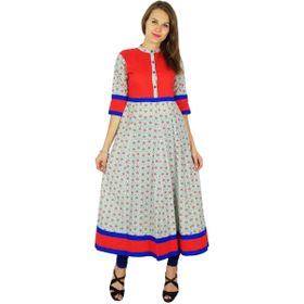 Phagun Hintli Tasarımcı Kurta Bollywood Etnik Kurti Pamuk Kırık Beyaz Kırmızı Kadın Elbise