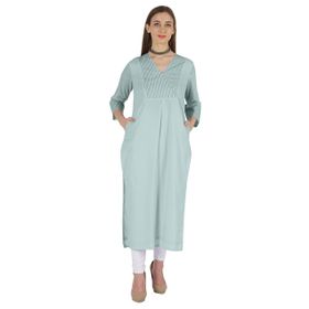 Phagun Indo Western Solid Kurti V Yaka W Yan Yırtmaçlı Hint Geleneksel Açık Mavi Kadın Elbise