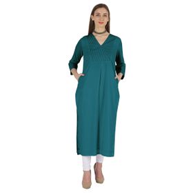 Phagun Indo Western Solid Kurti V Yaka W Yan Yırtmaçlı Hint Geleneksel Cam Göbeği Yeşili Kadın Elbise