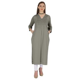 Phagun Indo Western Solid Kurti V Yaka W Yan Yırtmaçlı Hint Geleneksel Gri Kadın Elbise