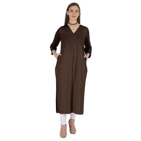 Phagun Indo Western Solid Kurti V Yaka W Yan Yırtmaçlı Hint Geleneksel Kahverengi Kadın Elbise