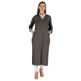 Phagun Indo Western Solid Kurti V Yaka W Yan Yırtmaçlı Hint Geleneksel Koyu Gri Kadın Elbise