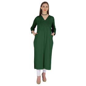 Phagun Indo Western Solid Kurti V Yaka W Yan Yırtmaçlı Hint Geleneksel Koyu Yeşil Kadın Elbise