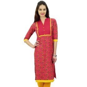 Phagun Kadın Baskılı Pamuk 3/4 Kollu Düz Hint Kurti Pembe Kadın Tunik