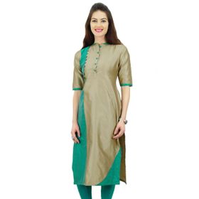 Phagun Kadın Dupion Düz Kurta Yaz Hint Etnik Kurti Zeytin Yeşili Kadın Tunik