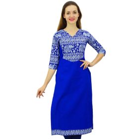 Phagun Kadın Pamuk Tasarımcı Kurta Etnik 3/4 Kol Kurta Mavi Kadın Tunik