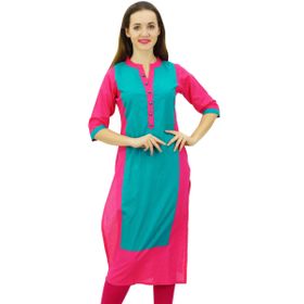 Phagun Kadın Pamuklu Hint Kurti Etnik Günlük Düz Panelli Kurta Fuşya Kadın Tunik