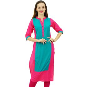 Phagun Kadın Pamuklu Hint Kurti Etnik Günlük Düz Panelli Kurta Fuşya Kadın Tunik
