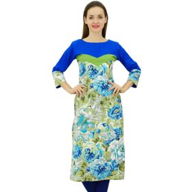 Phagun Kadın Pamuklu Kurti Çiçekli Kurta Kraliyet Mavisi Kadın Tunik Elbise