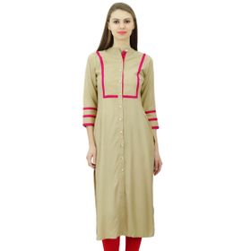 Phagun Kadın Suni İpek Düz Kurta Önü Açık Kurti Mandarin Yaka Hint Üstü Bej Kadın Tunik