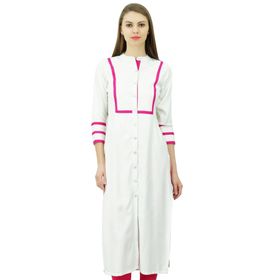 Phagun Kadın Suni İpek Düz Kurta Önü Açık Kurti Mandarin Yaka Hint Üstü Beyaz Kadın Tunik