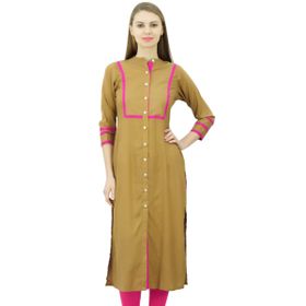 Phagun Kadın Suni İpek Düz Kurta Önü Açık Kurti Mandarin Yaka Hint Üstü Kahverengi Kadın Tunik