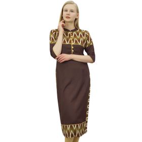 Phagun Kadın Tunik 3/4 Kol Suni İpek Kurta Kurti Günlük Kahverengi Kadın Tunik Elbise