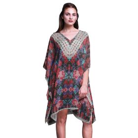 Phagun Kaftan Tatil Ev Kıyafeti Midi Plaj Örtüsü Kan Kırmızısı Kadın Elbise
