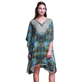 Phagun Kaftan Tatil Ev Kıyafeti Midi Plaj Örtüsü Mavi Kadın Elbise