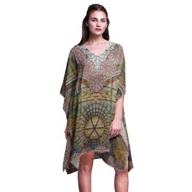 Phagun Kaftan Tatil Ev Kıyafeti Midi Plaj Örtüsü Orman Yeşili Kadın Elbise