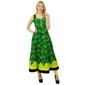 Phagun Kurti Etnik Tasarım Pamuk Anarkali Kurta Yaprak Baskılı Günlük Yeşil Siyah Kadın Elbise