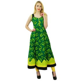 Phagun Kurti Etnik Tasarım Pamuk Anarkali Kurta Yaprak Baskılı Günlük Yeşil Siyah Kadın Elbise