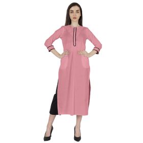 Phagun Kurti Günlük Uzun 3/4 Kollu Tasarımcı Boyun Etnik Kurta Açık Pembe Kadın Elbise
