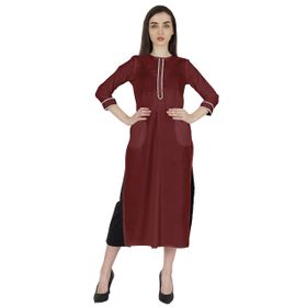 Phagun Kurti Günlük Uzun 3/4 Kollu Tasarımcı Boyun Etnik Kurta Bordo Kadın Elbise