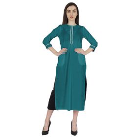 Phagun Kurti Günlük Uzun 3/4 Kollu Tasarımcı Boyun Etnik Kurta Cam Göbeği Yeşili Kadın Elbise