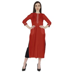 Phagun Kurti Günlük Uzun 3/4 Kollu Tasarımcı Boyun Etnik Kurta Kırmızı Kadın Elbise
