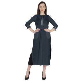 Phagun Kurti Günlük Uzun 3/4 Kollu Tasarımcı Boyun Etnik Kurta Lacivert Kadın Elbise