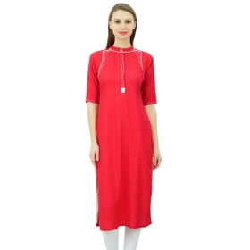 Phagun Mandarin Yaka Kurti Etnik Hindistan Tunik Üst Suni İpek Kurta Kırmızı Kadın Tunik
