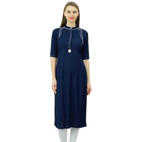 Phagun Mandarin Yaka Kurti Etnik Hindistan Tunik Üst Suni İpek Kurta Lacivert Kadın Tunik
