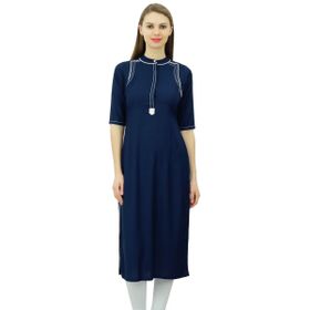 Phagun Mandarin Yaka Kurti Etnik Hindistan Tunik Üst Suni İpek Kurta Lacivert Kadın Tunik