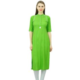 Phagun Mandarin Yaka Kurti Etnik Hindistan Tunik Üst Suni İpek Kurta Limon Yeşili Kadın Tunik
