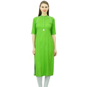 Phagun Mandarin Yaka Kurti Etnik Hindistan Tunik Üst Suni İpek Kurta Limon Yeşili Kadın Tunik