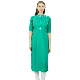 Phagun Mandarin Yaka Kurti Etnik Hindistan Tunik Üst Suni İpek Kurta Yeşil Kadın Tunik