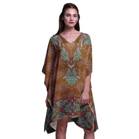 Phagun Mavi Çiçekli Etnik Kısa Plaj Kaftan Bikini Örtü Midi Medium Turuncu Kadın Elbise
