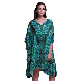Phagun Mavi Çiçekli Şal Desenli Kısa Plaj Kaftan Bikini Örtü Midi Cam Göbeği Mavisi Kadın Elbise