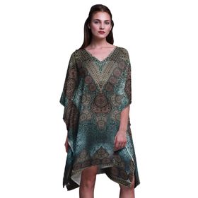 Phagun Mavi Çiçekli Şal Desenli Kısa Plaj Kaftan Bikini Örtü Midi Cam Göbeği Mavisi Kadın Elbise