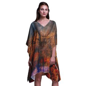 Phagun Mavi Çiçekli ve Kafatası Kaftan Tatil Ev Kıyafeti Midi Plaj Örtüsü Açık Şeftali Kadın Elbise