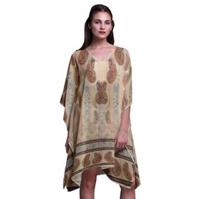 Phagun Mavi Çiçekli ve Şal Desenli Kaftan Tatil Ev Kıyafeti Midi Plaj Örtüsü Bej Kadın Elbise