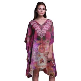 Phagun Mavi Çiçekli ve Şal Desenli Kaftan Tatil Ev Kıyafeti Midi Plaj Örtüsü Mor Kadın Elbise