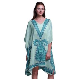 Phagun Mavi Çiçekli ve Şal Desenli Kaftan Tatil Ev Kıyafeti Midi Plaj Örtüsü Turkuaz Mavi Kadın Elbise