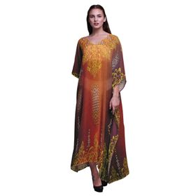 Phagun Paisley Etnik Uzun Plaj Kaftan Bikini Örtü Maksi Turuncu Kadın Elbise