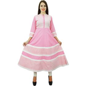 Phagun Pamuk Çizgili Günlük Kurta Etnik Üst Tunik Tasarımcı Anarkali Kurti Pembe ve Kırık Beyaz Kadın Tunik