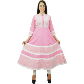 Phagun Pamuk Çizgili Günlük Kurta Etnik Üst Tunik Tasarımcı Anarkali Kurti Pembe ve Kırık Beyaz Kadın Tunik
